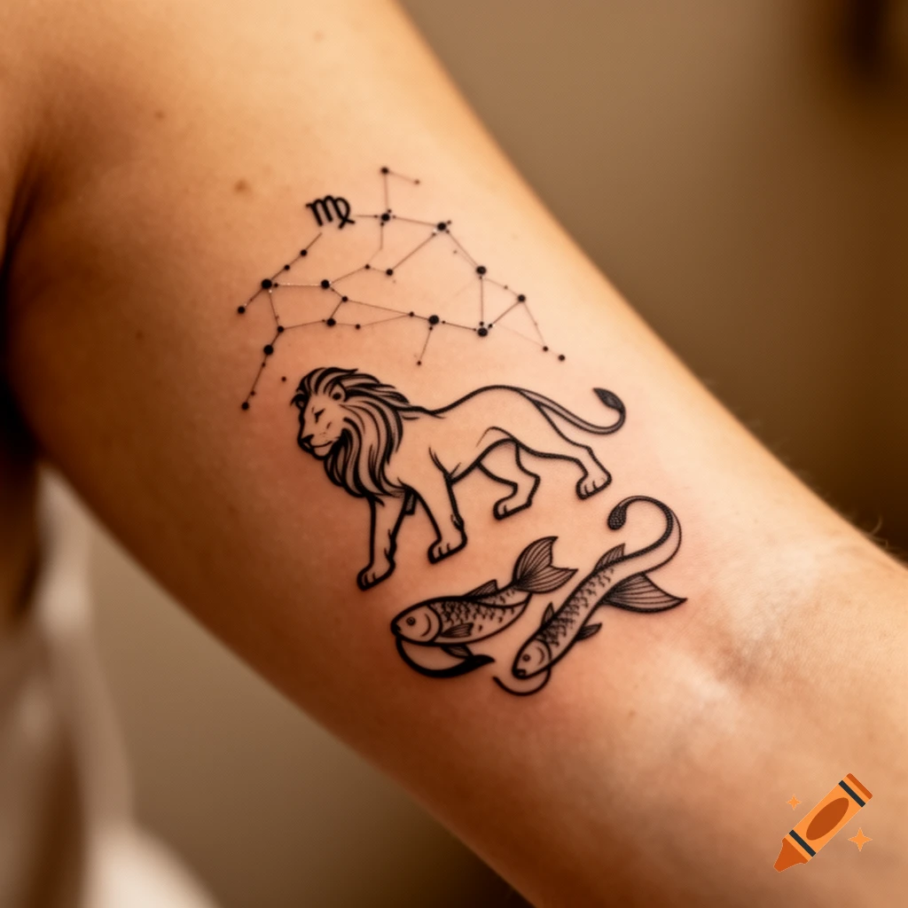 Minimalist tattoo of a lion, two fish, and a Virgo constellation with its symbol on a person's arm.