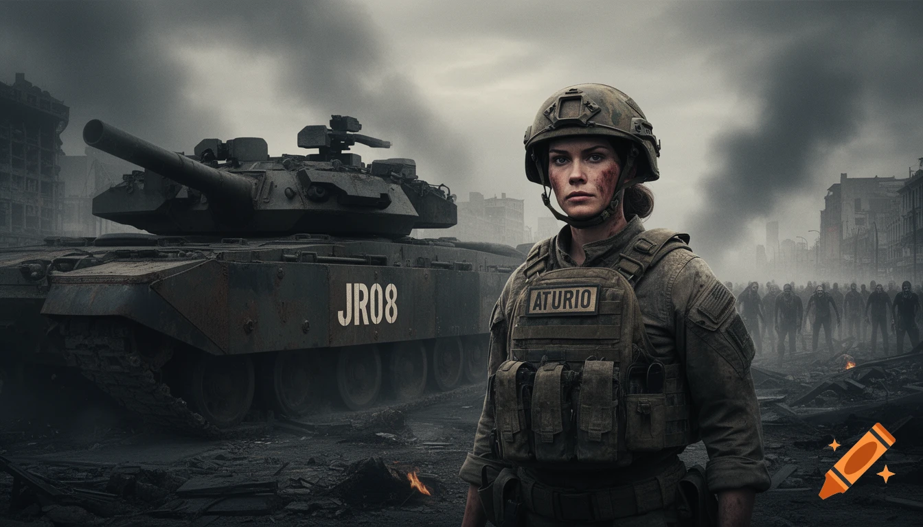Photorealistic image of a female soldier standing next to a tank in a ruined city with zombies emerging from smoke.