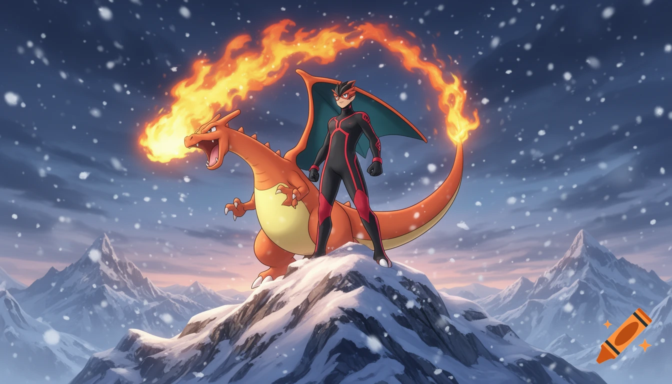 Sygna Suit Red and Charizard stand on a snowy mountain peak, with Charizard roaring flames in an epic cinematic style.