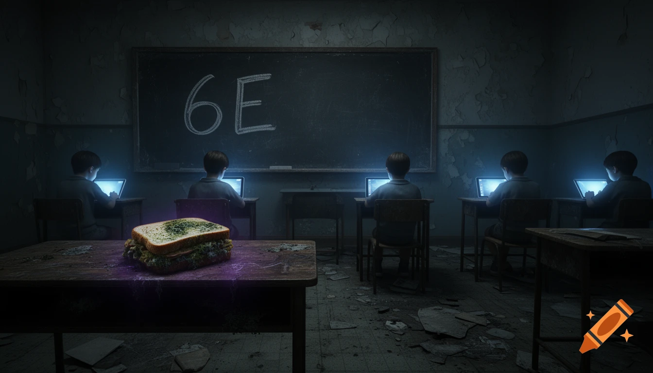 Dark, eerie classroom with children at desks using glowing laptops, and a moldy, glowing sandwich on a foreground desk. Horror style.