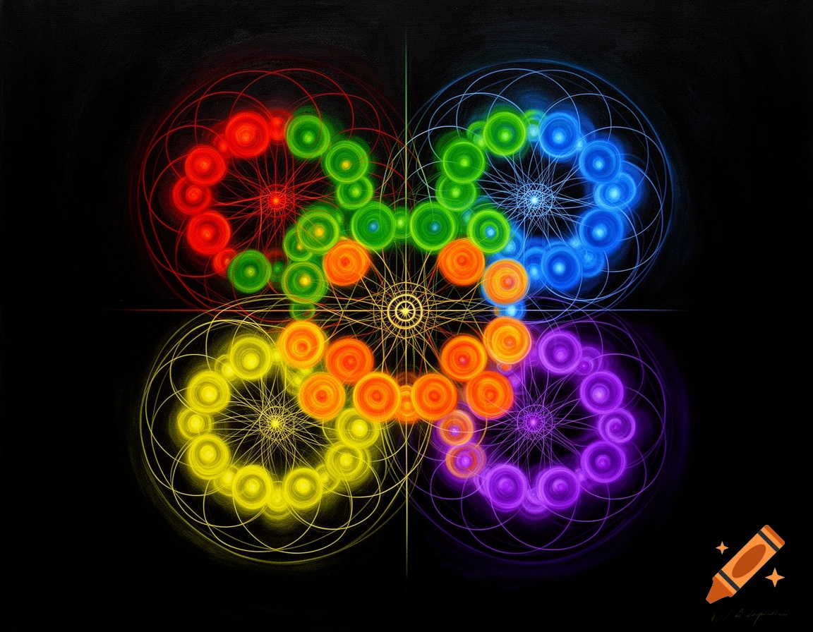 Vibrant abstract geometric design with radiating circles and lines in rainbow colors against a black background.