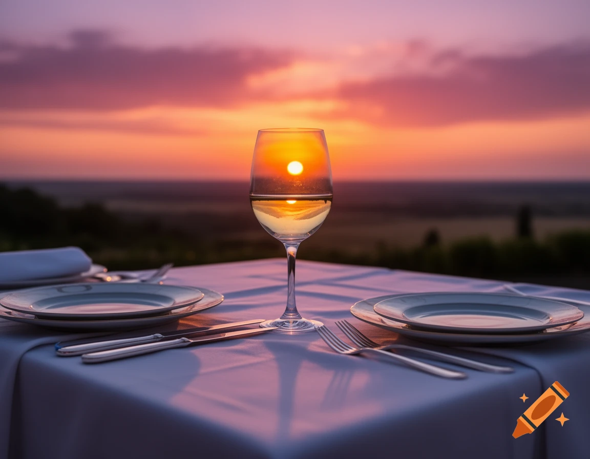 A wine glass on a dinner table reflects a vibrant sunset over a scenic landscape.