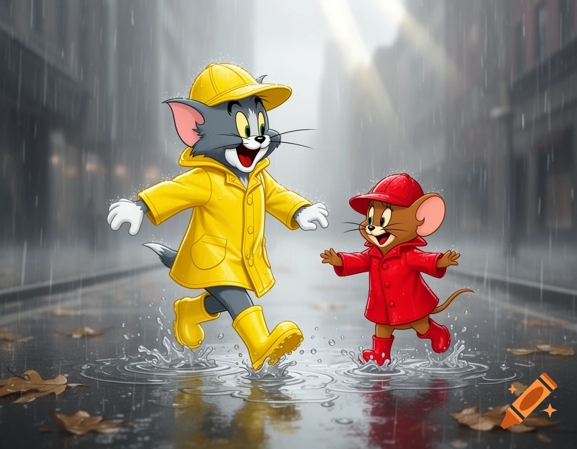 Tom cat in a yellow raincoat and Jerry mouse in a red raincoat running and splashing in puddles on a rainy street.
