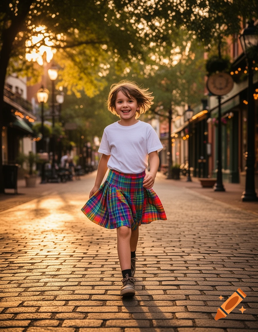 A smiling child with short brown hair walks down a cobblestone street at sunset, wearing a white t-shirt and colorful plaid skirt.