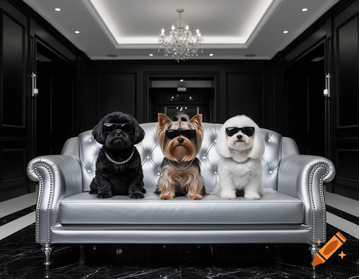 Three small dogs with sunglasses and silver chains sit on a silver couch in a luxurious black and silver hotel lobby.