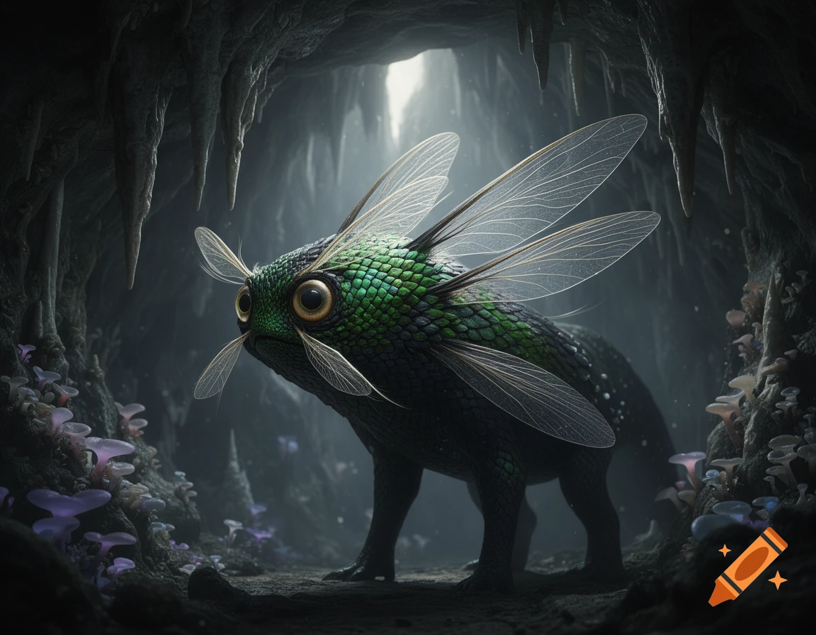 A green, scaly, winged monster with large eyes and antennae stands in a dark, mysterious fantasy cave with glowing mushrooms.