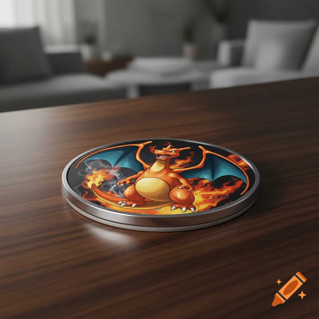 A close-up shot of a Charizard coaster on a wooden table, with a blurred living room in the background.