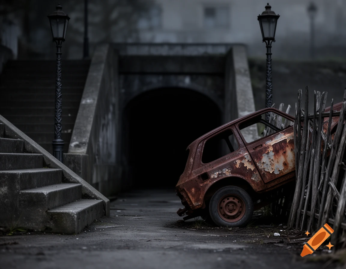A dark, moody scene with a rusty, broken car by a fence, concrete stairs, and two lampposts leading to a shadowy tunnel entrance.