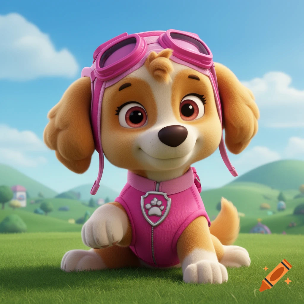 An animated dog character, Skye from Paw Patrol, wearing pink pilot gear, sits on green grass.