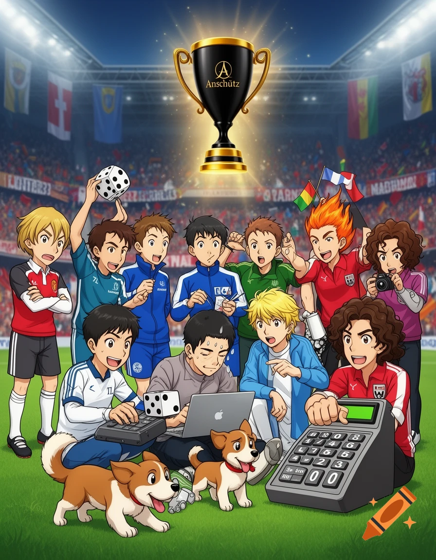 Anime-style illustration of a group of young men and two dogs gathered in a soccer stadium with a large golden trophy glowing above them.
