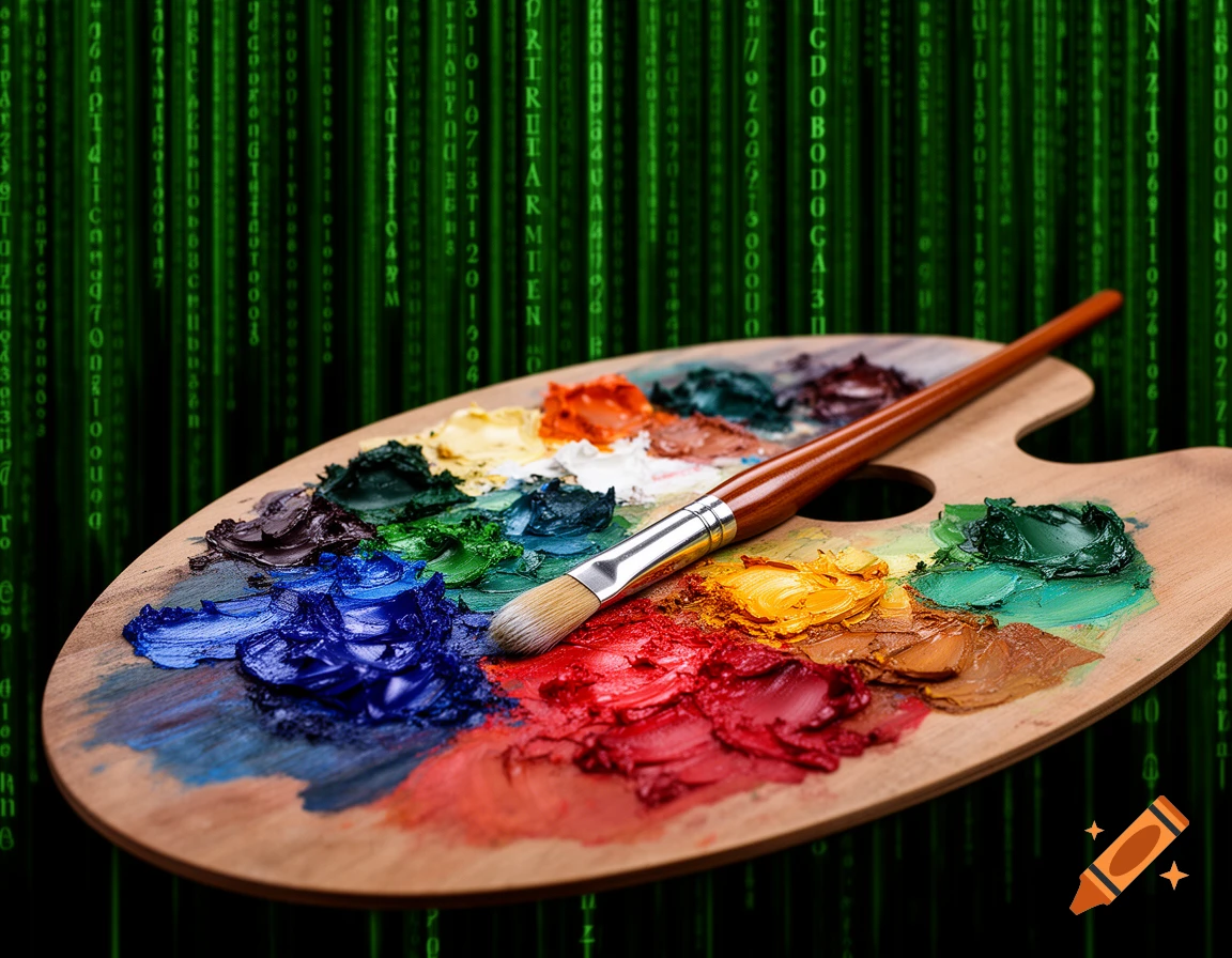 An artist's palette with dabs of colorful paint and a paintbrush rests against a background of green, vertical, Matrix-like digital code.