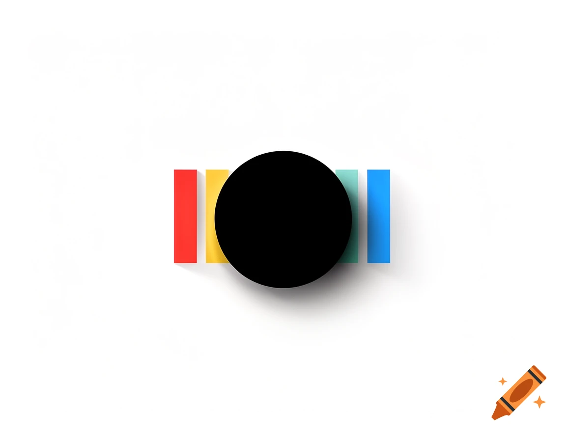 A black circle with a shadow, partially obscuring colorful vertical bars (red, yellow, light green, blue) on a white background, in a minimalist style.