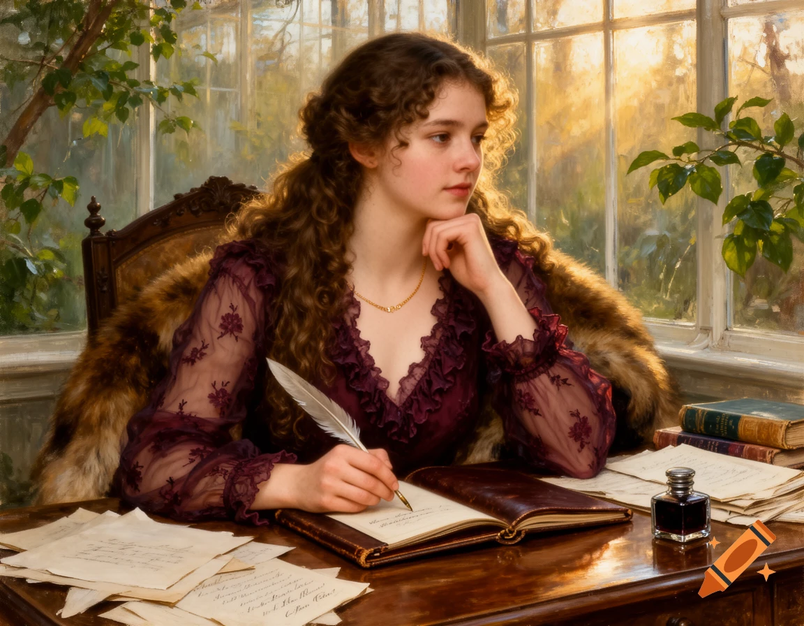 A young woman with long curly brown hair sits at a vintage wooden desk in a sunlit conservatory, writing in a notebook with a quill pen. She wears a dark burgundy sheer blouse and a fur stole.