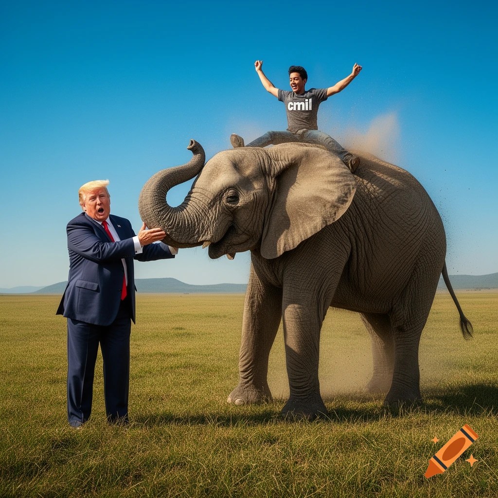 Donald Trump with an open mouth touches an elephant's trunk, while a man in a 'cmil' shirt rides the elephant in a grassy plain.