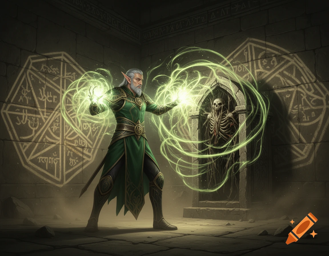A powerful dark elf paladin with a grey beard casts a green turning spell on a lich tomb in an ancient chamber, illuminating his robes and the skeletal entity.