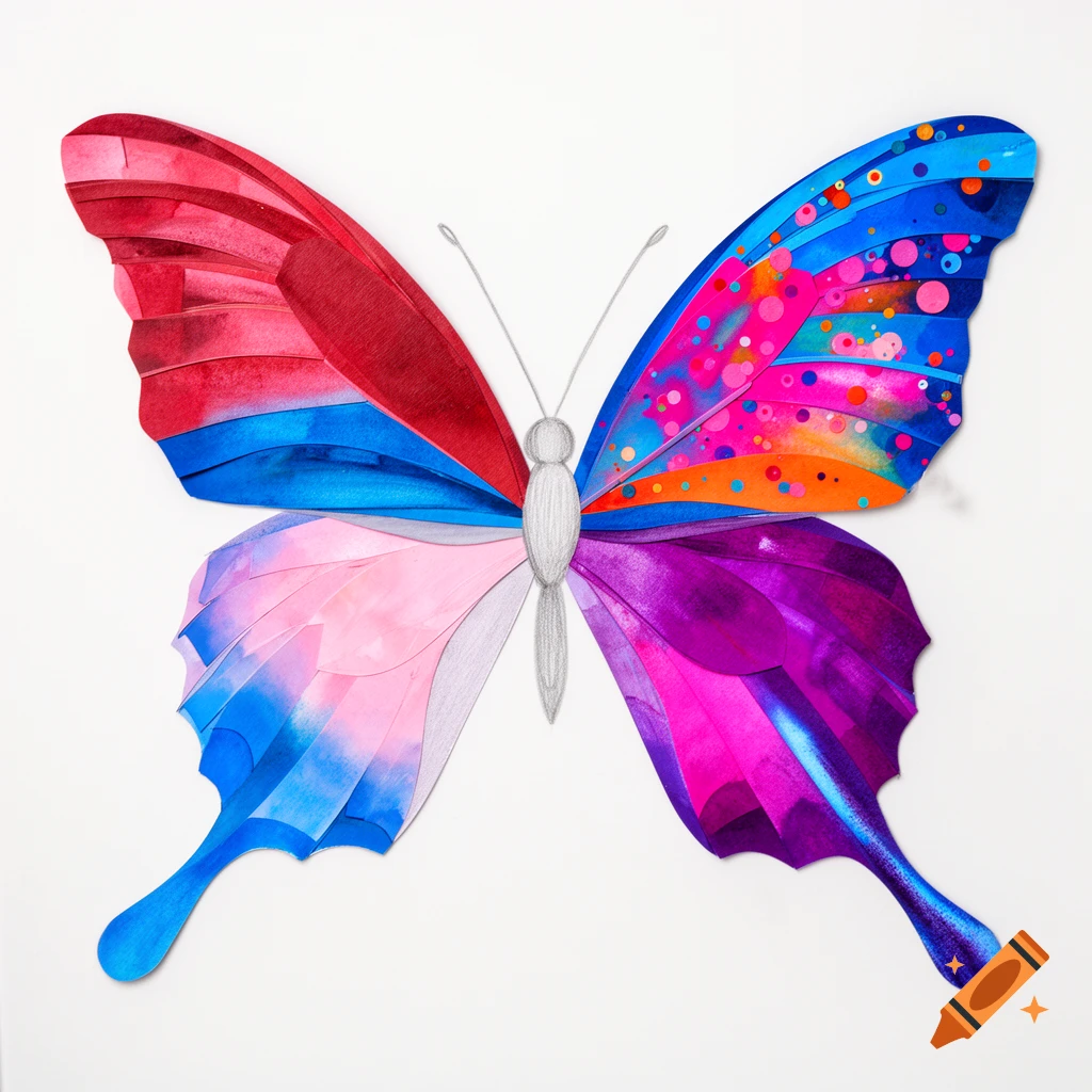 A vibrant paper collage of a butterfly with multi-colored wings in red, blue, pink, purple, and orange, against a white background.