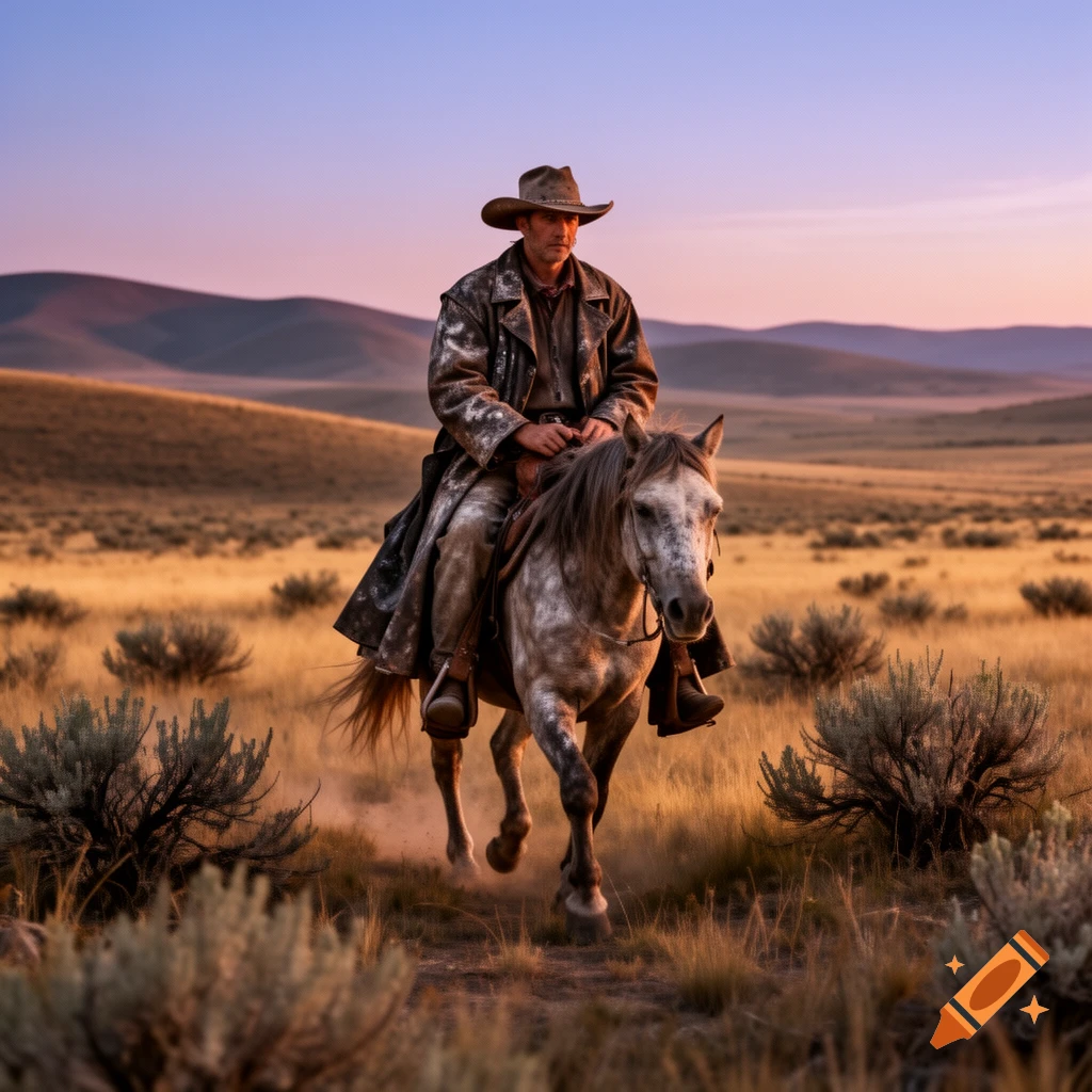 A weathered cowboy rides a dappled horse through a vast, grassy prairie at sunset, with distant mountains under a purple sky.