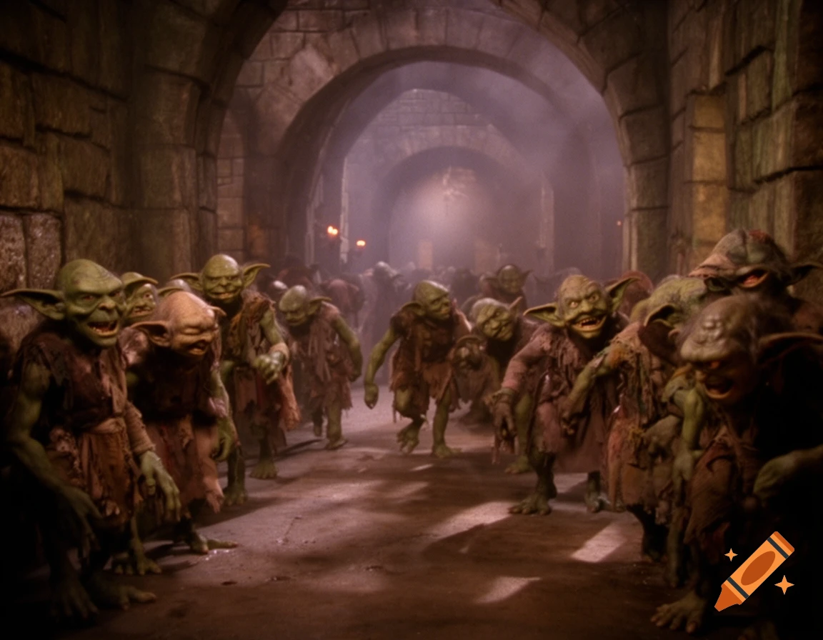 A crowd of green-skinned goblins with tattered clothing stands in a dark, stone-arched dungeon corridor.