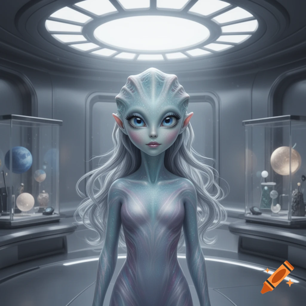 An aesthetic blue-skinned alien girl with large blue eyes and long white hair stands in a futuristic white room with planet exhibits.