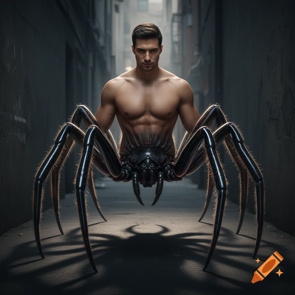 A shirtless man with a spider's abdomen and multiple hairy legs stands in a dark alley, looking directly forward.