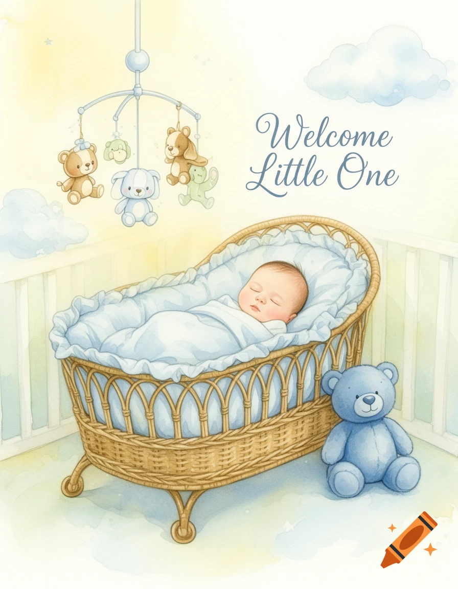 Watercolor illustration of a sleeping newborn baby in a wicker bassinet, with a mobile overhead and a blue teddy bear on the floor, and text "Welcome Little One".