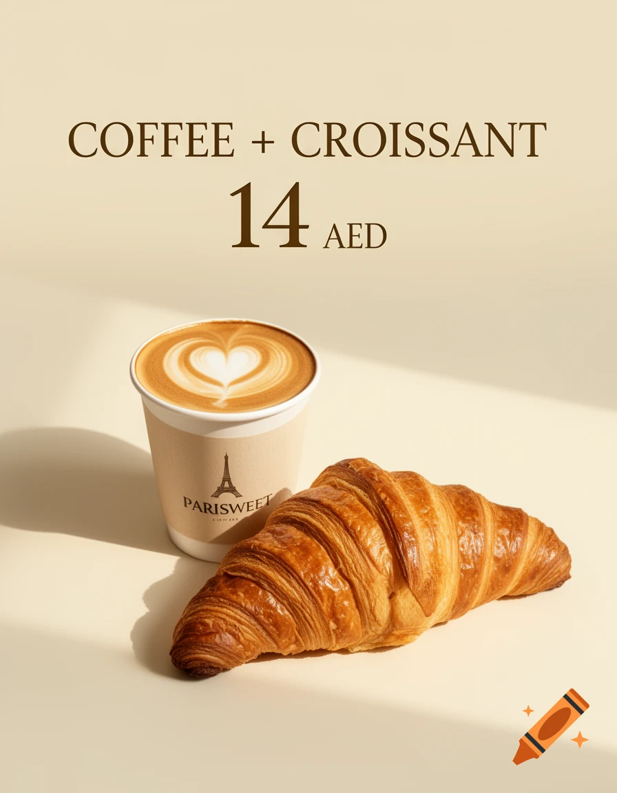 Photorealistic image of a coffee with heart latte art in a branded cup, next to a golden croissant, with text "COFFEE + CROISSANT 14 AED" on a warm cream background.