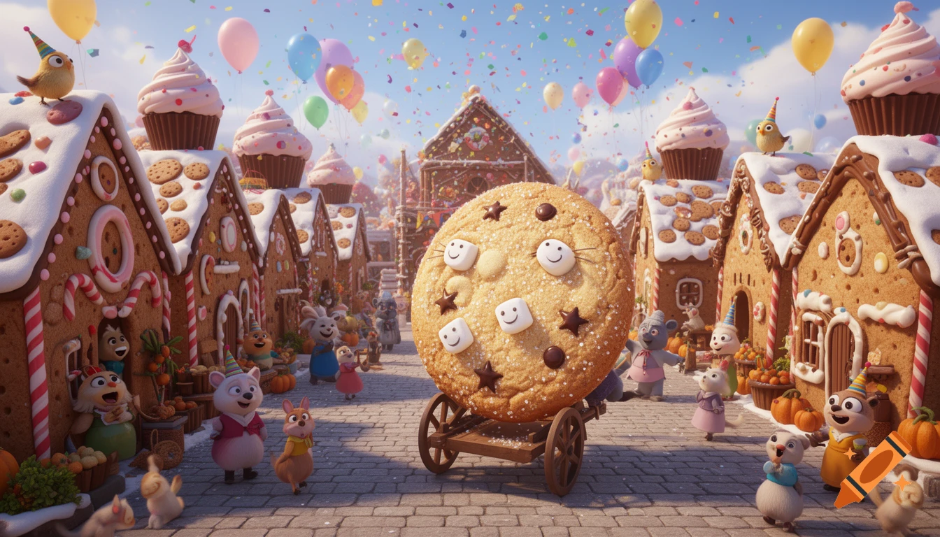A festive 3D cartoon gingerbread village with animal characters, a giant cookie on a cart, cupcakes, balloons, and confetti.