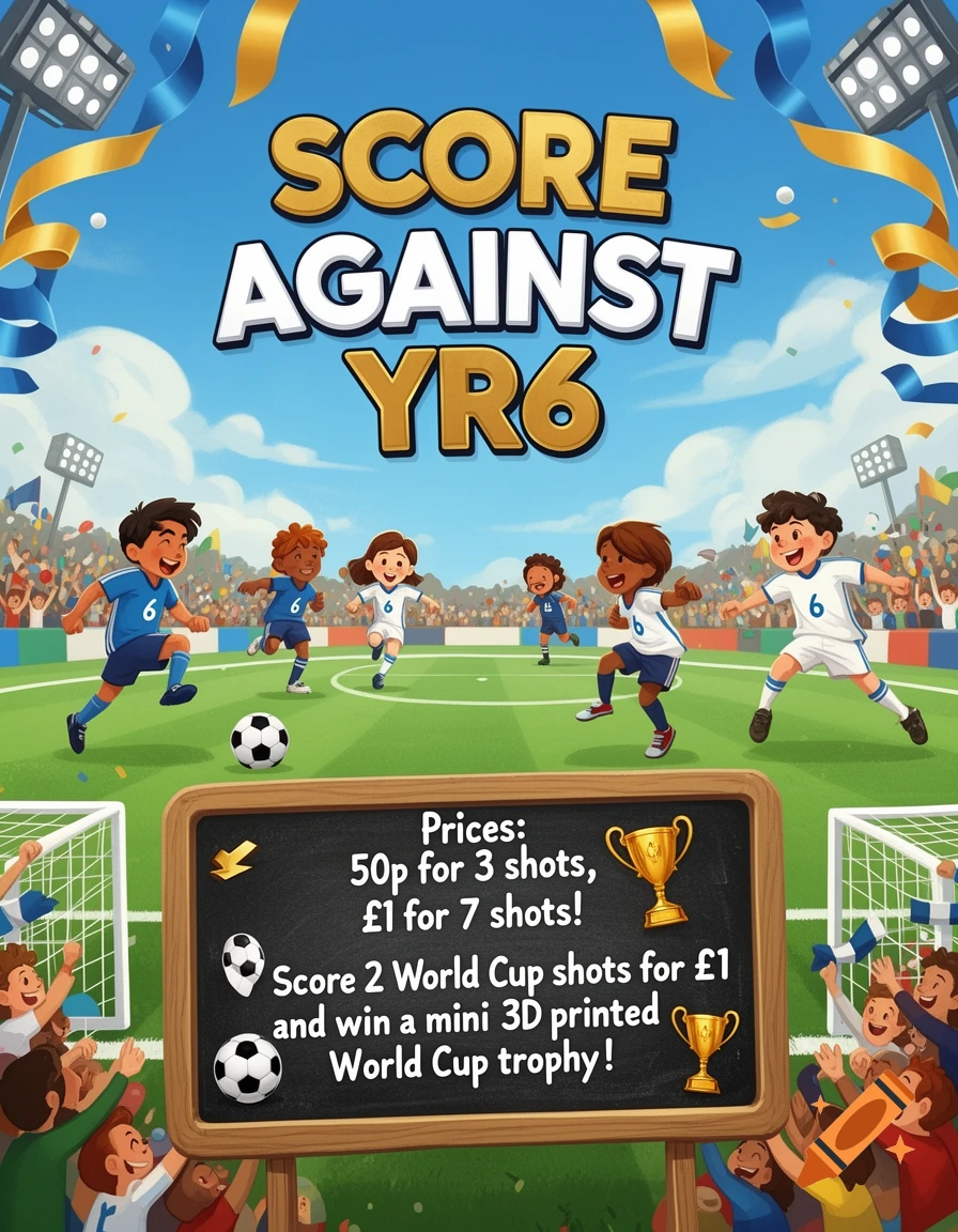 A colorful cartoon poster for a 'Score Against YR6' football fundraising event, showing children playing soccer, spectators, and a blackboard with pricing details and a trophy prize.