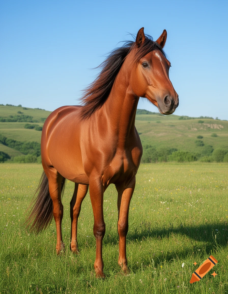 A photorealistic brown horse stands in a green grassy field with rolling hills and a clear blue sky.