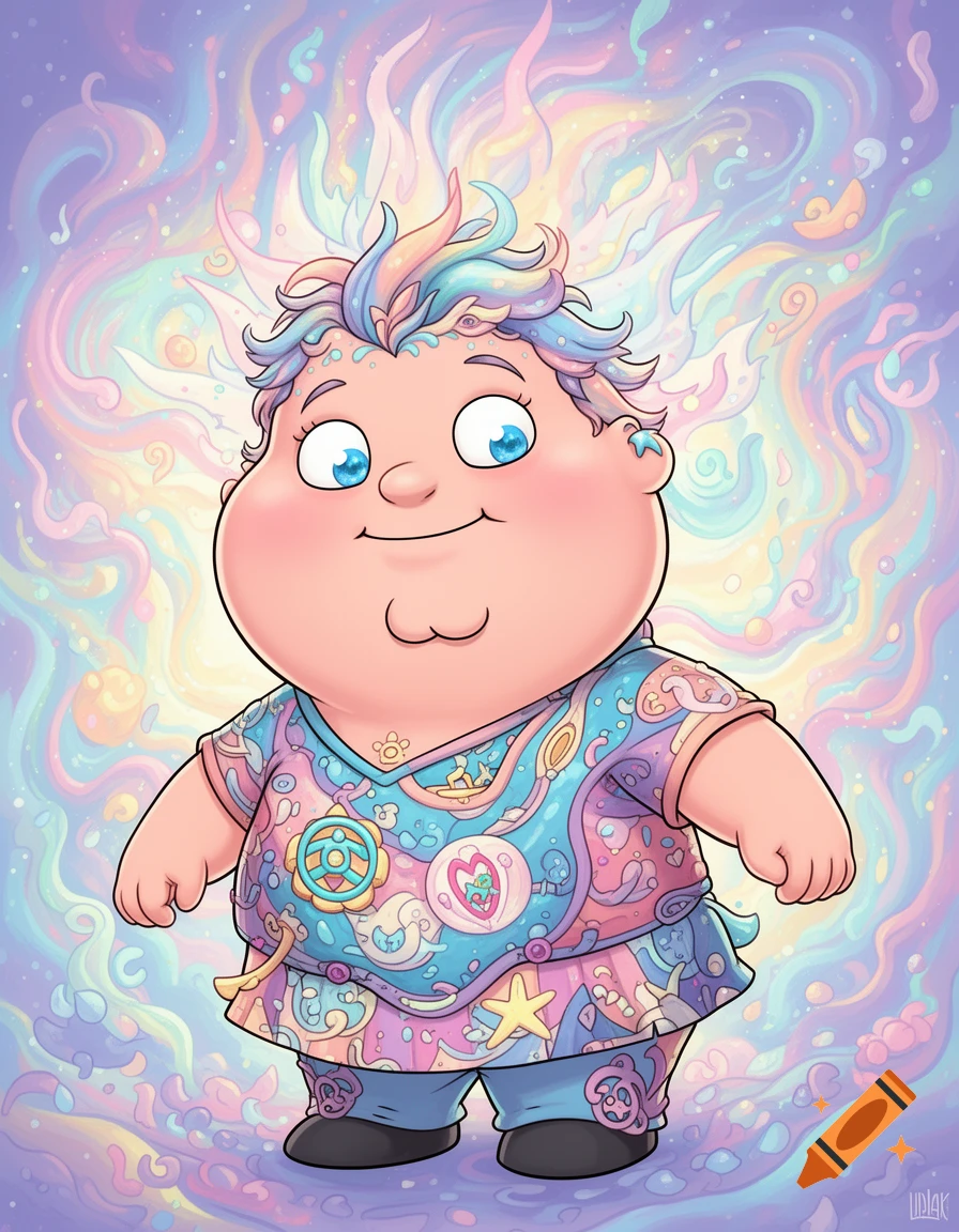 A chubby, blue-eyed cartoon character with spiky pastel hair, wearing a patterned pastel shirt and blue pants, against a swirling, colorful background.