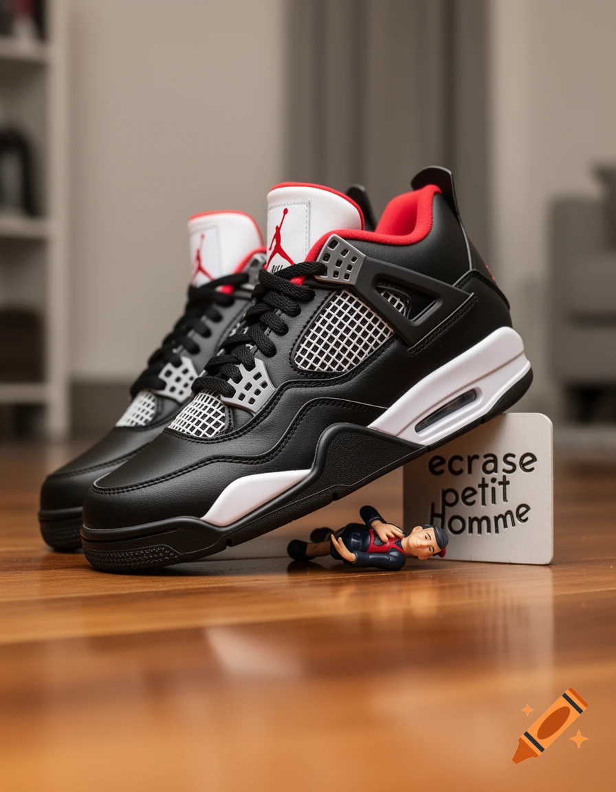 A pair of black and white Air Jordan 4 sneakers, one resting on a block with "ecrase petit Homme" text next to a small figurine on a wooden floor. Photorealistic.