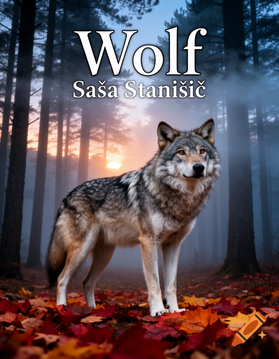 A photorealistic wolf stands on a bed of red and orange autumn leaves in a foggy pine forest at sunset, with text "Wolf" and "Saša Stanišić" at the top.