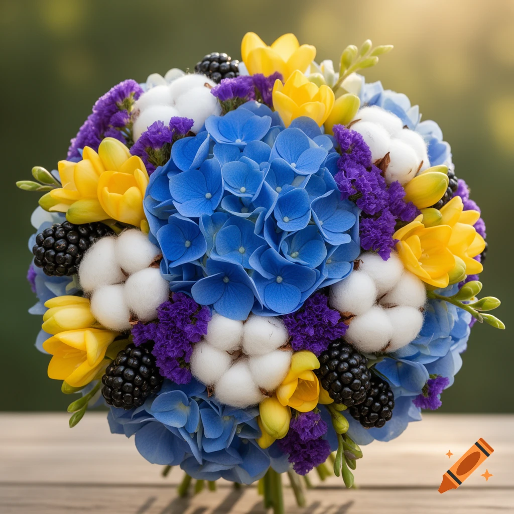 A vibrant, photorealistic bouquet featuring blue hydrangeas, yellow freesias, purple statice, white cotton, and black blackberries on a wooden surface.