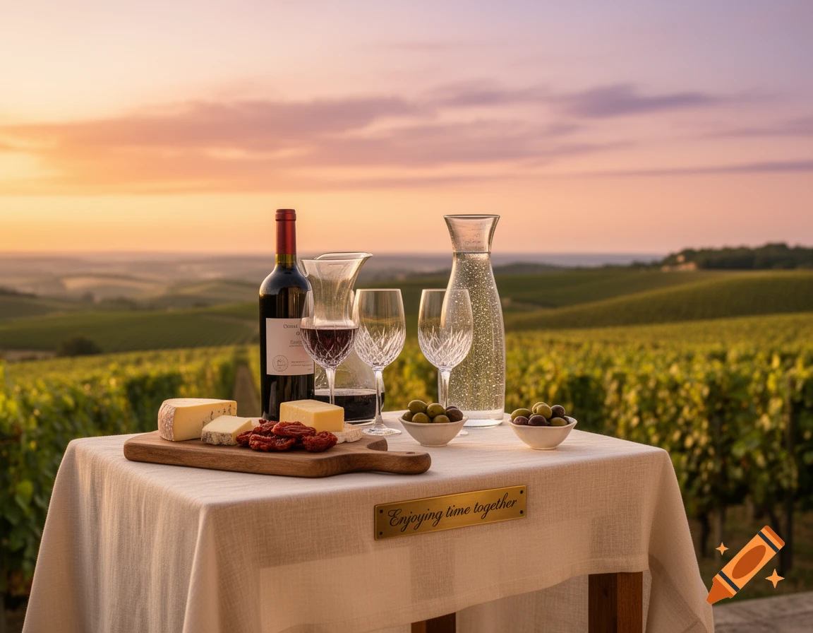 A table set with wine, cheese, olives, and water overlooks a vineyard at sunset, with a plaque reading "Enjoying time together".