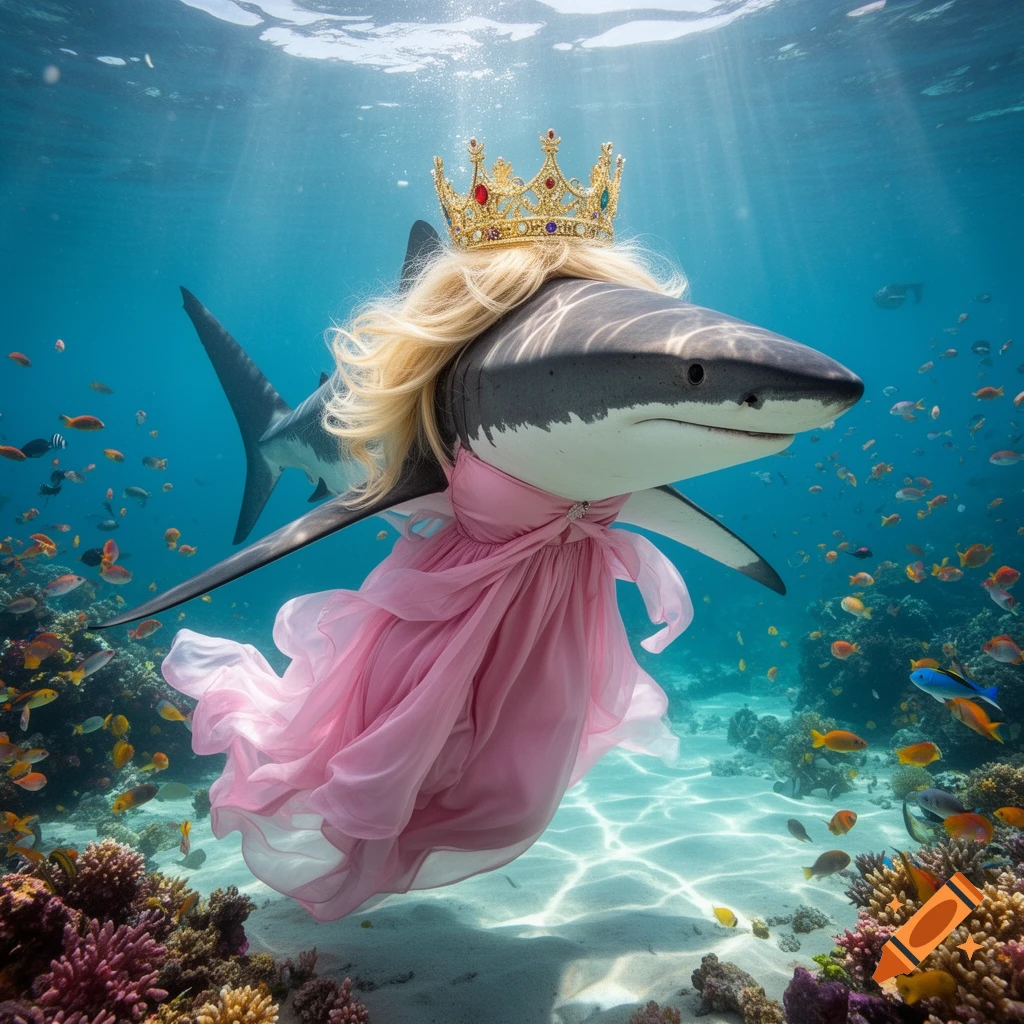 A great white shark, depicted as a queen, wears a golden crown, blonde hair, and a flowing pink dress while swimming through a vibrant coral reef among small fish.