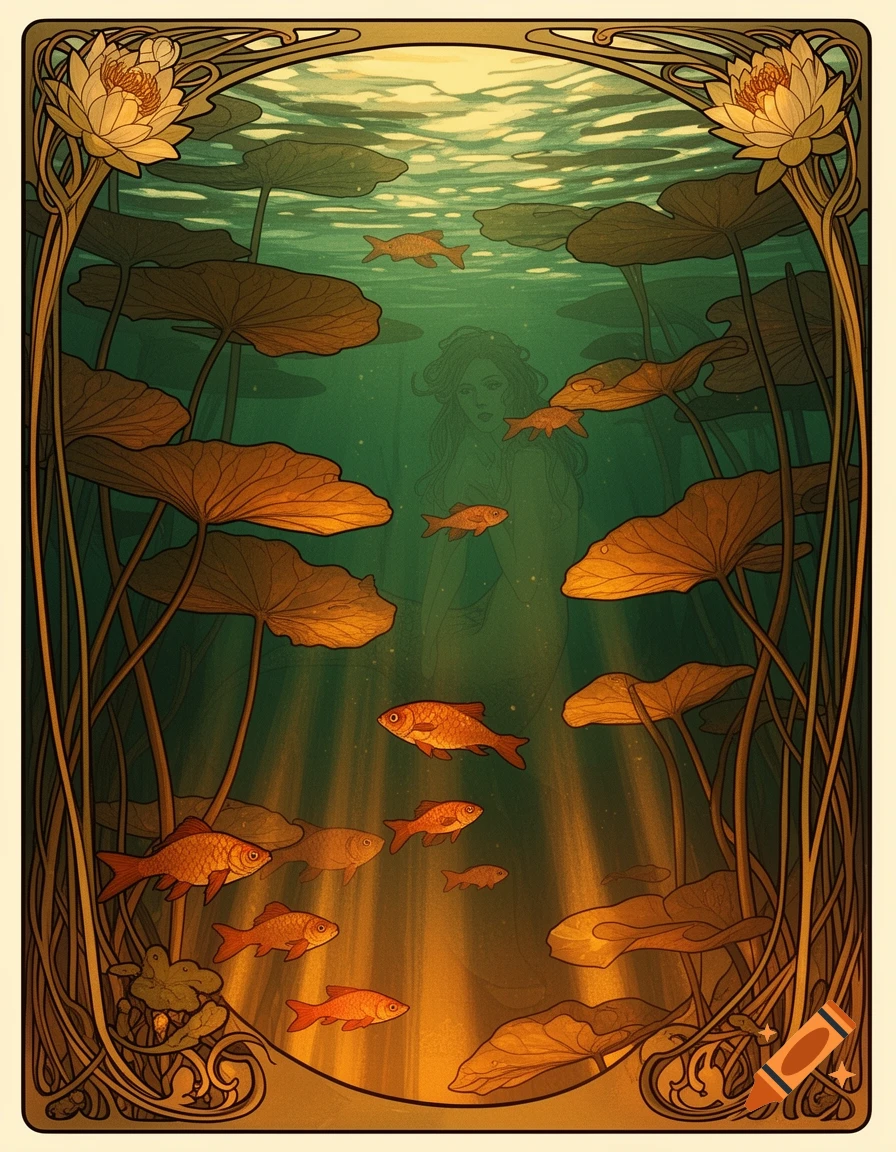 An Art Nouveau illustration of an underwater scene with lily pads, golden fish, and a ghostly mermaid silhouette, bathed in green and amber light.