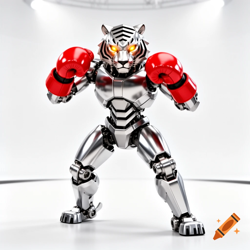 A chrome-plated robot with a tiger head and glowing orange eyes stands ready, wearing red boxing gloves, against a clean white background.