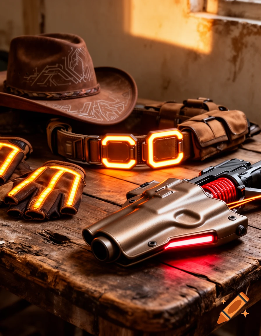 A detailed close-up of sci-fi cowboy accessories including a hat, glowing belt, gloves, and a firearm in a holster on a wooden table.