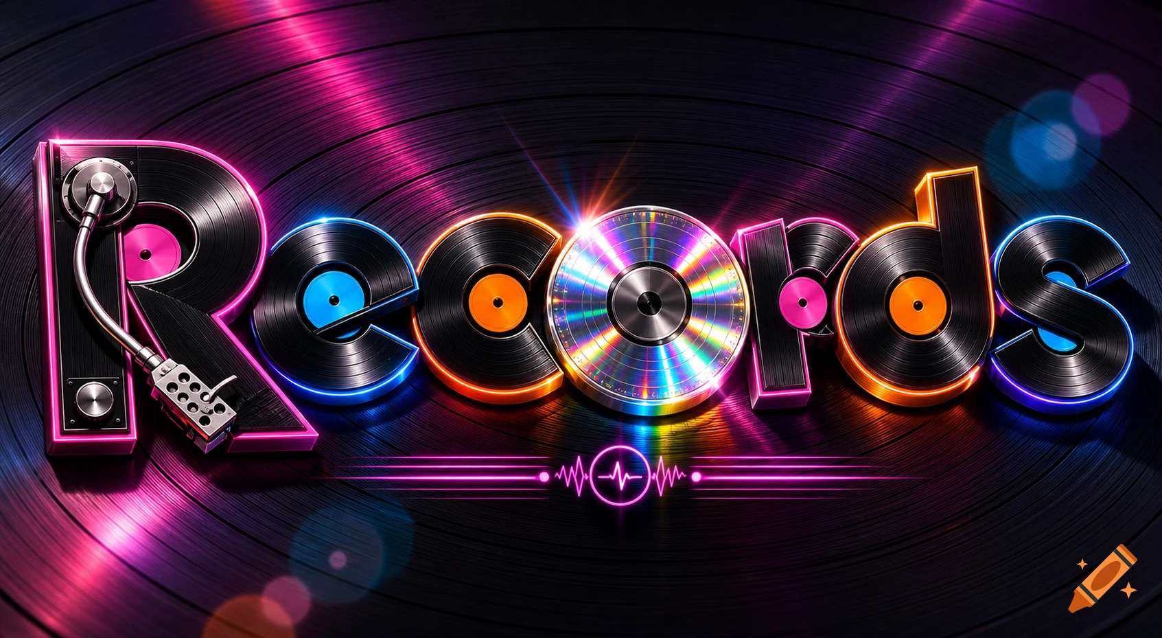 Stylized logo of the word 'Records' made from shiny vinyl records and a CD, with glowing neon outlines and a turntable arm.