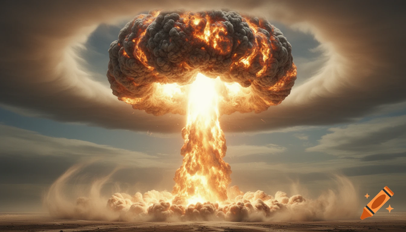 A massive, fiery nuclear explosion forms a mushroom cloud over a desolate landscape under a cloudy sky.