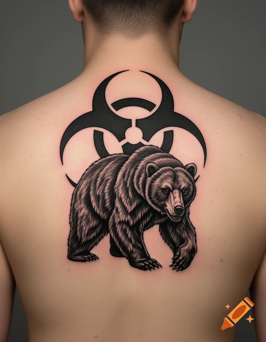A detailed tattoo of a brown bear over a black biohazard symbol on a person's upper back.