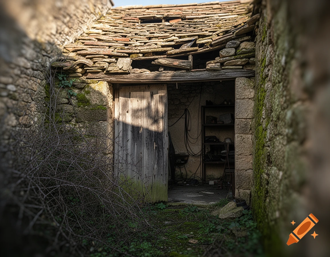 Abandoned stone building with a partially collapsed tile roof, weathered wooden door, mossy walls, and thorny bushes. Photorealistic with shallow depth of field.