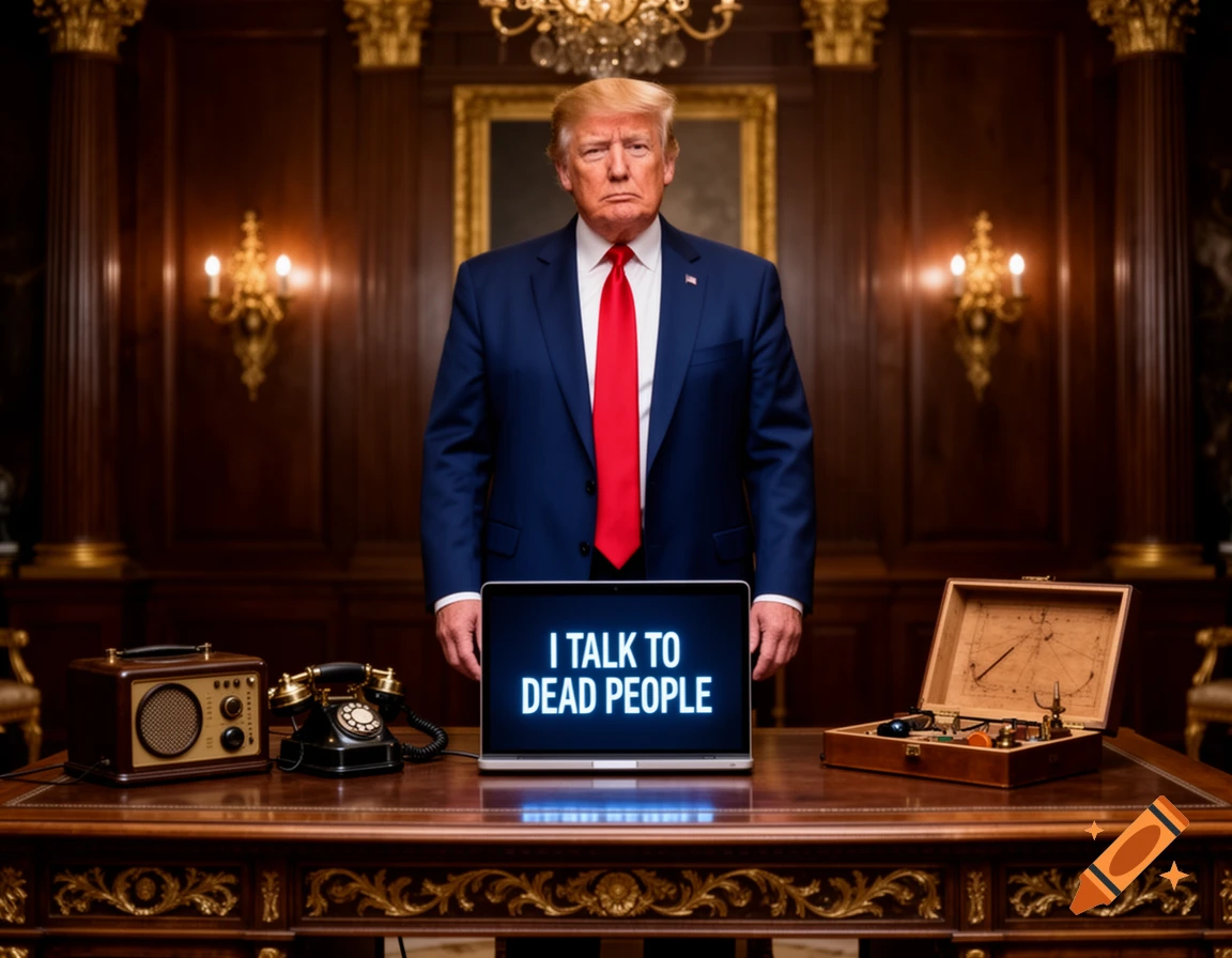 Donald Trump stands behind a desk with a laptop showing 'I TALK TO DEAD PEOPLE' in a formal office.