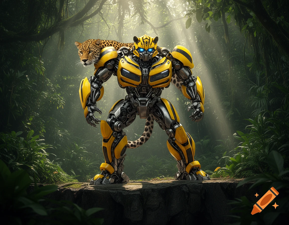 A photorealistic yellow and black robot with a leopard head on its shoulder and a spotted tail stands in a misty jungle with sun rays.