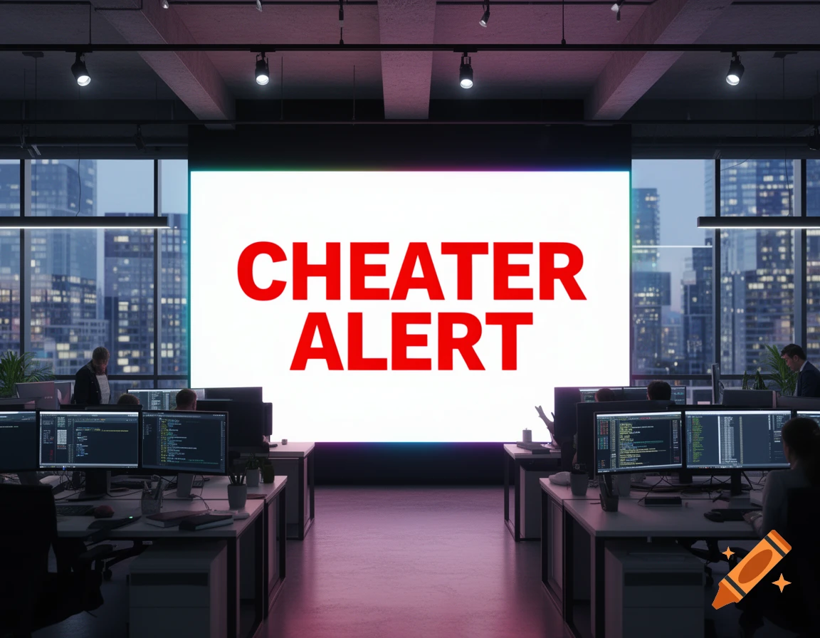 Photorealistic image of an office at night with a large screen displaying "CHEATER ALERT" in red letters.