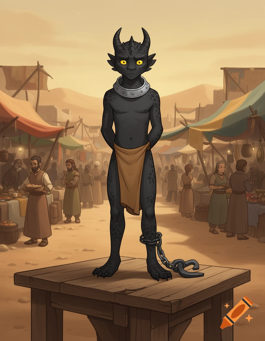 A shy, black-scaled Dragonborn with yellow eyes, wearing a loincloth and slave collar, stands on a wooden platform in a desert market, chained at the ankle, in the art style of ATLA.