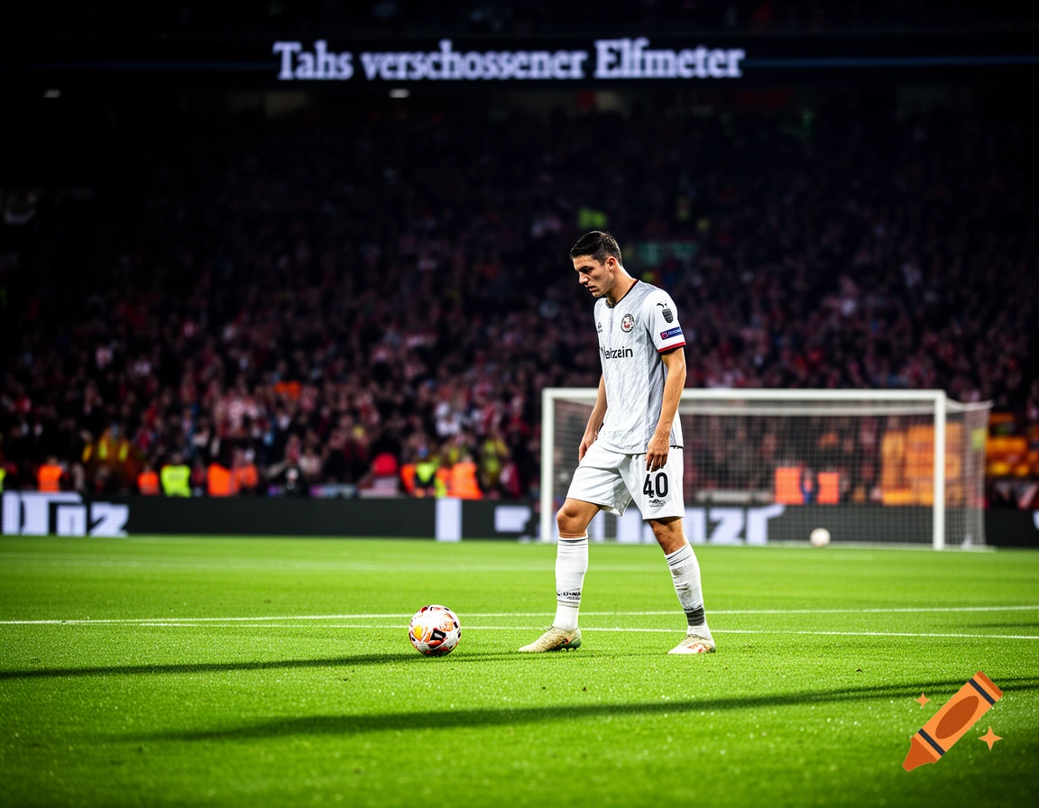 A male soccer player in a white uniform stands on a green field next to a soccer ball in a crowded stadium at night.