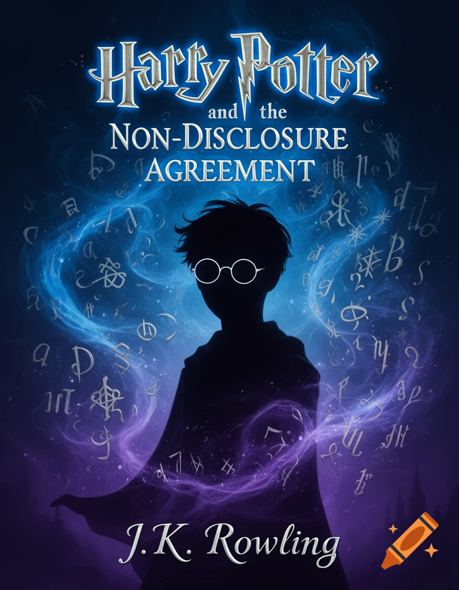 Book cover featuring a silhouette of a boy with round glasses and a cloak, surrounded by glowing blue and purple magic and symbols. Text: 'Harry Potter and the Non-Disclosure Agreement' by J.K. Rowling.