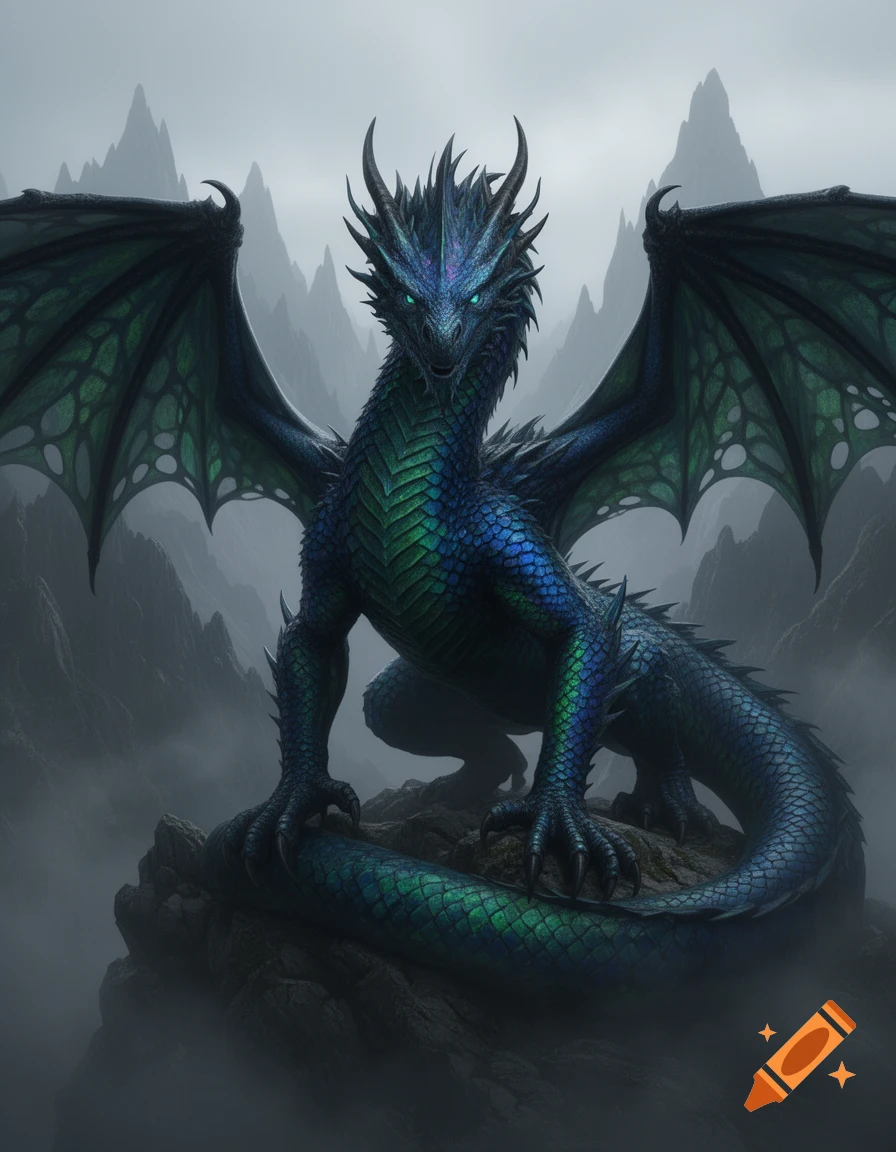 A majestic blue and green dragon with glowing eyes perches on a misty, rocky mountain peak surrounded by jagged mountains.