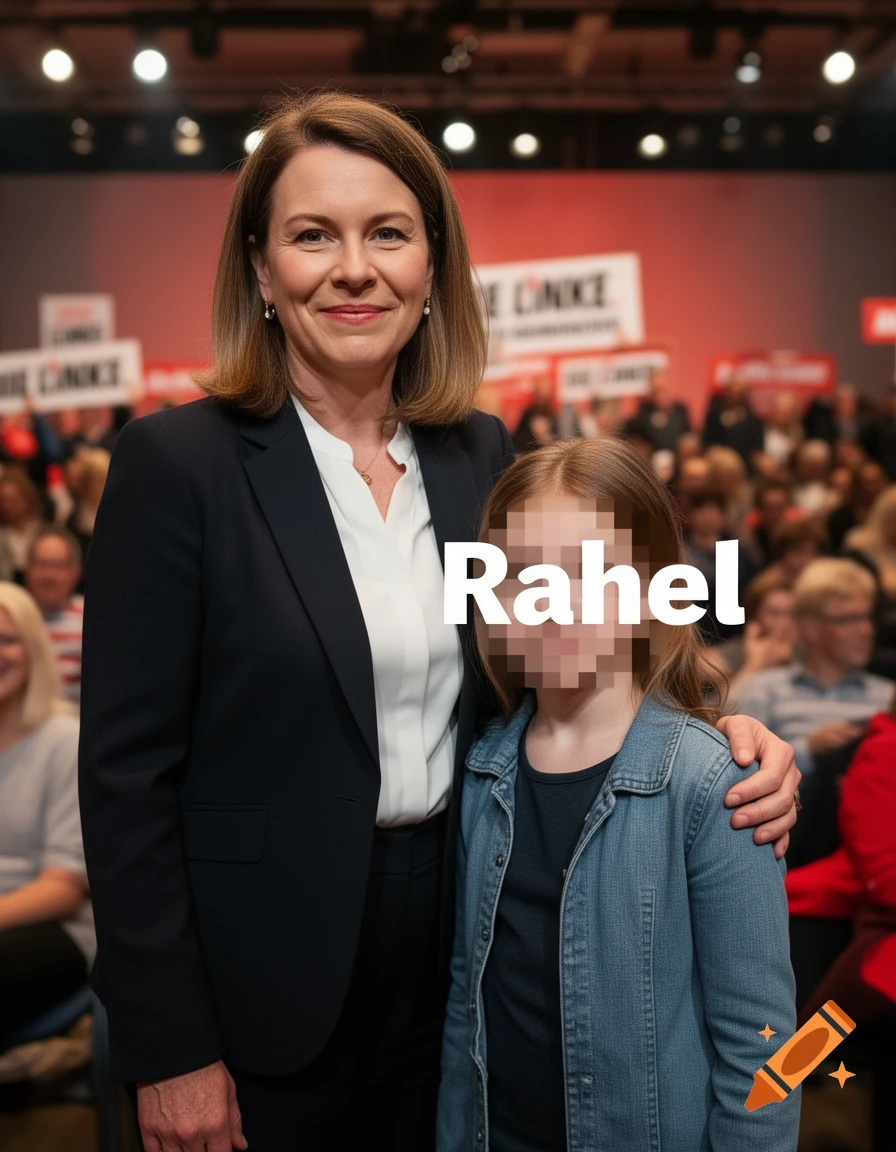 A woman in a dark suit and white shirt smiles while standing with a child whose face is blurred and covered by the name 'Rahel' at a political event.
